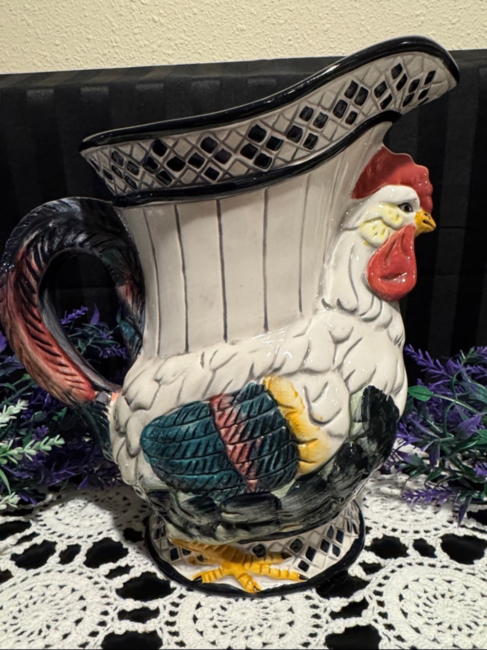 Rooster Pitcher Vase with Multicolor Accents